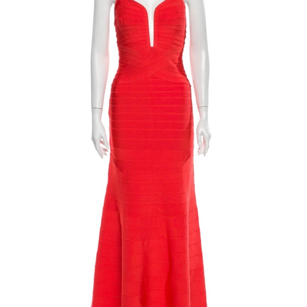 Herve Leger Coral Red  Strapless Bandage Gown Medium